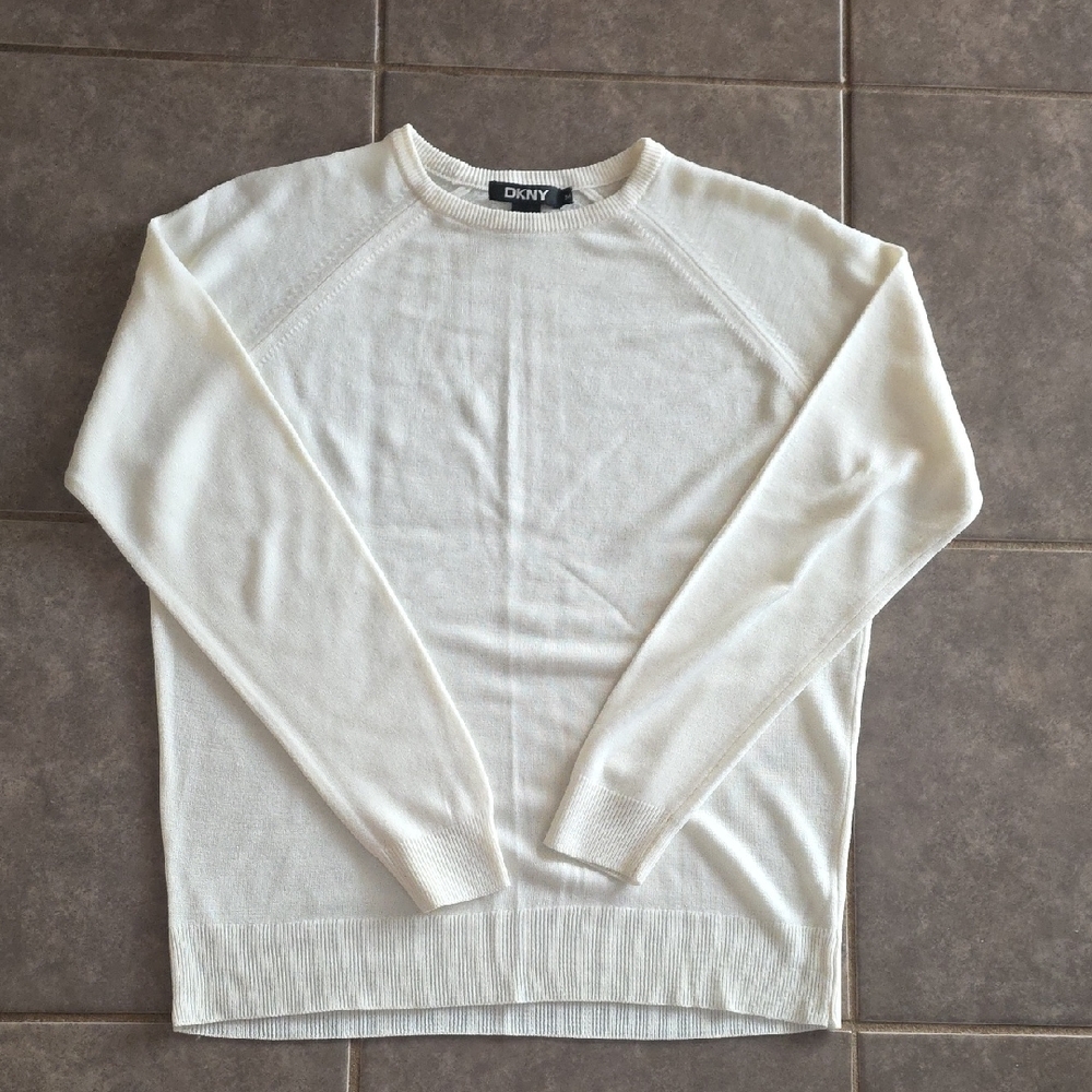 DKNY Womens Off-White 100% Merino Wool Crewneck Sweater